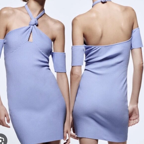 Zara Sky Blue Knot Halter Rib Dress Size Medium - Picture 2 of 9